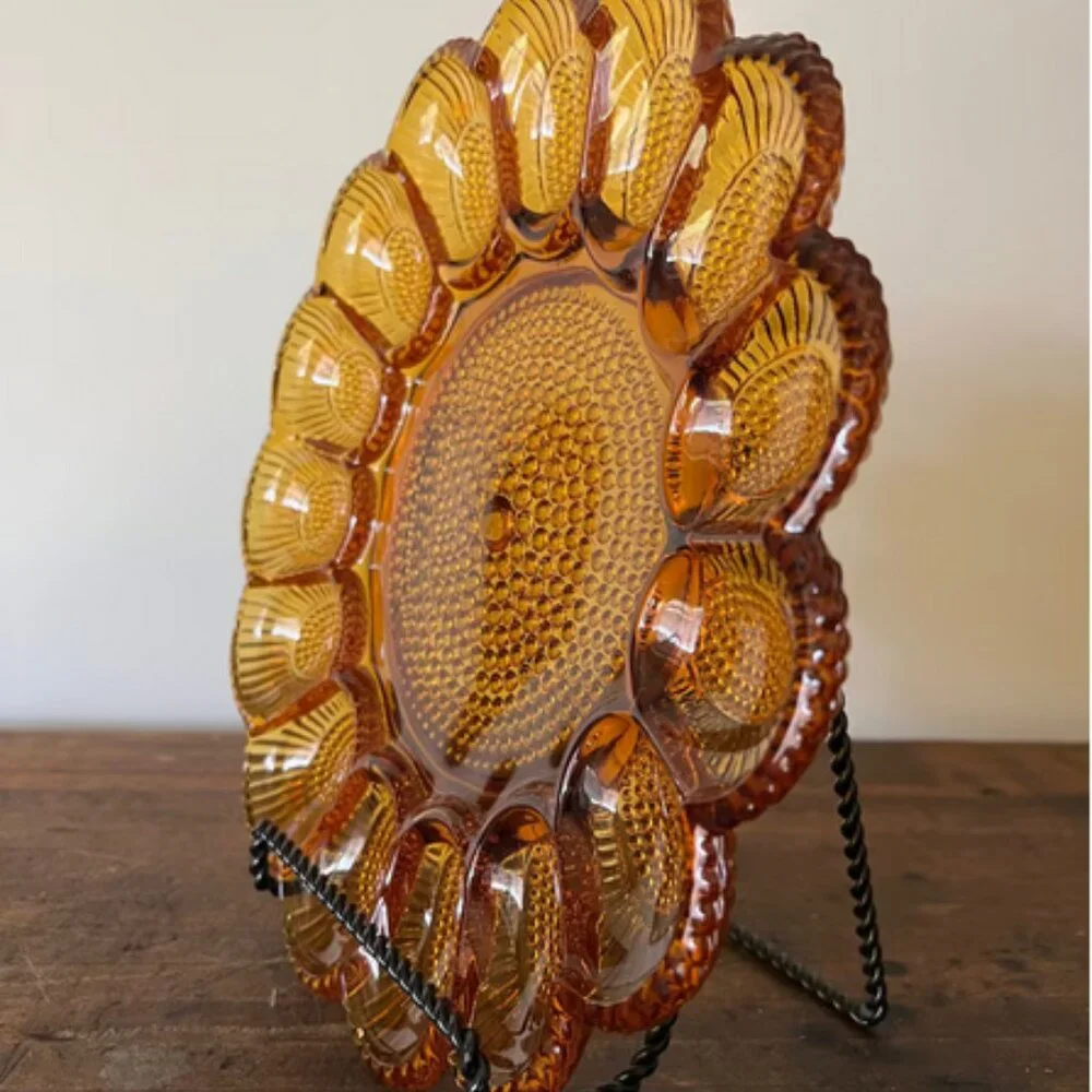 Vintage Indiana Hobnail Raised Amber Carnival Glass Deviled Egg Platter - Picture 3 of 5